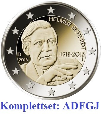 2 Euro Gedenkmünzen Deutschland 2018 - Helmut Schmidt - ADFGJ Komplettset in unzirkulierter Qualität