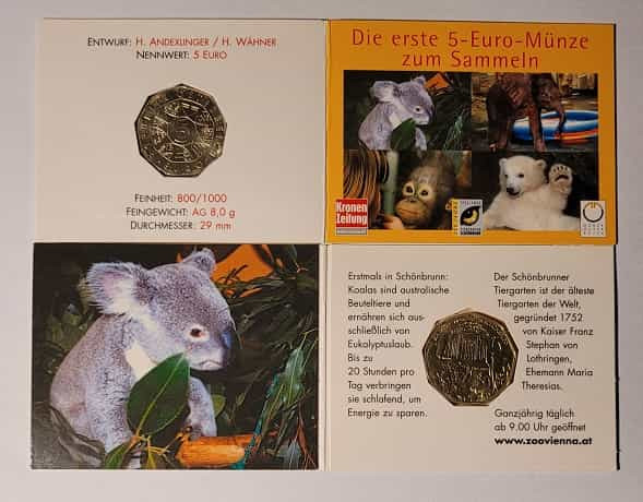 5 Euro Gedenkmünze 250 Jahre Tiergarten Schönbrunn 2002 - Motiv Koala im Miniblister