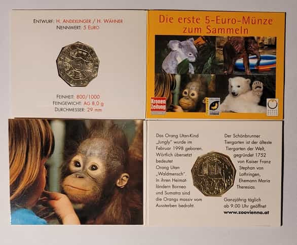 5 Euro Gedenkmünze 250 Jahre Tiergarten Schönbrunn 2002 - Motiv Orang Utan im Miniblister
