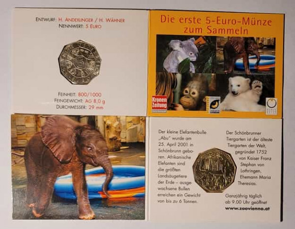 5 Euro Gedenkmünze 250 Jahre Tiergarten Schönbrunn 2002 - Motiv Elefant im Miniblister