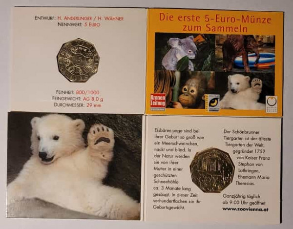 5 Euro Gedenkmünze 250 Jahre Tiergarten Schönbrunn 2002 - Motiv Eisbär im Miniblister