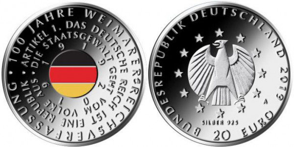 20 Euro Deutschland 2019 - Weimarer Reichsverfassung - Stempelglanz - erste Farbmünze aus Deutschlan