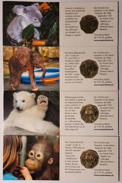 5 Euro Gedenkmünze 250 Jahre Tiergarten Schönbrunn 2002 - Set mit 4 Ausgaben im Miniblister