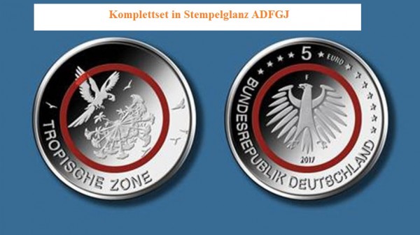 5 Euro Deutschland 2017 - Tropische Zone - Stempelglanz - Komplettset ADFGJ